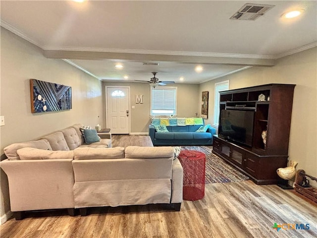 1403 Bill Tindall Ave, Seadrift, TX 77983 - living room featuring wood finished floors, ornamental molding, a ceiling fan, recessed lighting, and baseboards