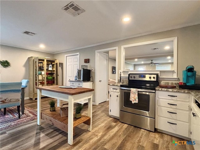 1403 Bill Tindall Ave, Seadrift, TX 77983 - kitchen featuring stainless steel electric range oven, white cabinets, ornamental molding, light wood-type flooring, and a ceiling fan