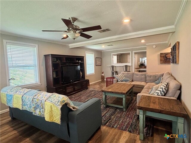 1403 Bill Tindall Ave, Seadrift, TX 77983 - living area featuring wood finished floors, ceiling fan, ornamental molding, healthy amount of natural light, and a textured ceiling