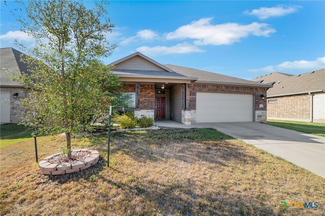 ranch-style house with a garage and a front yard