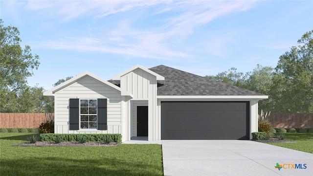 view of front facade featuring an attached garage, fence, board and batten siding, and concrete driveway