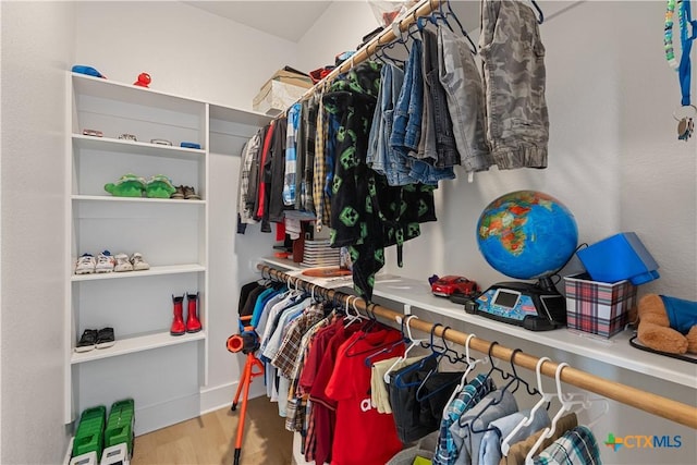 walk in closet with wood finished floors