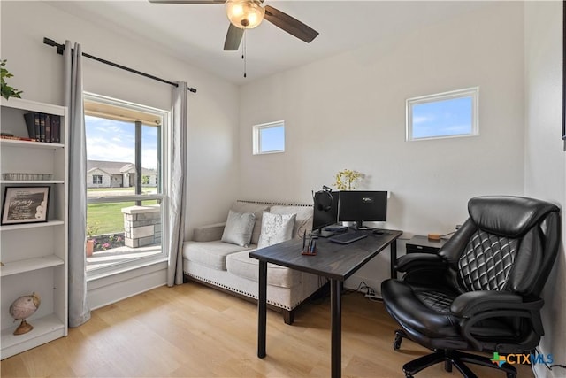 home office featuring ceiling fan and wood finished floors