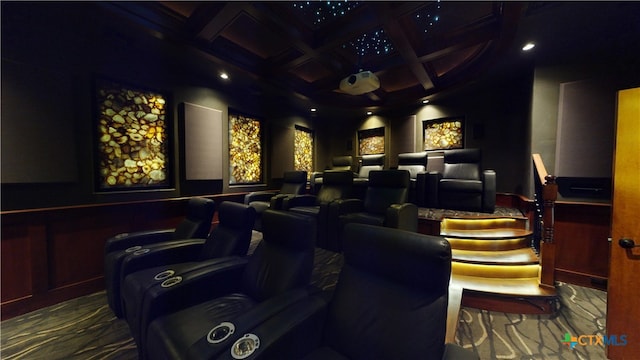 cinema featuring beam ceiling and coffered ceiling