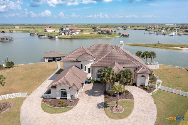 aerial view featuring a water view