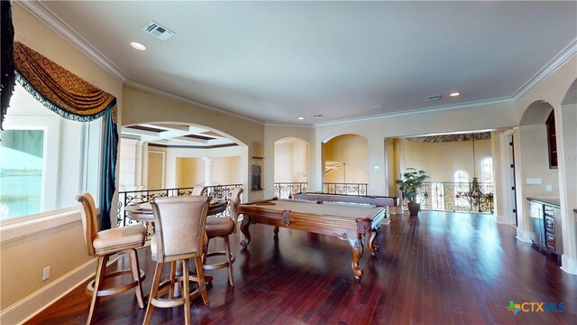 playroom featuring wood-type flooring, pool table, and crown molding