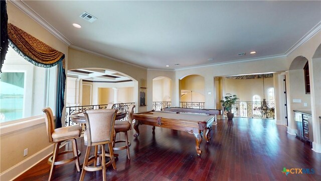 153 E Tuscany Way, Port Oconnor, TX 77979 - game room featuring arched walkways, wood finished floors, baseboards, billiards, and ornamental molding