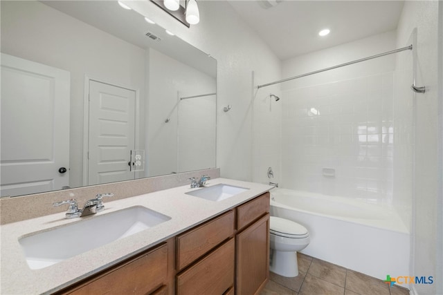 full bathroom with toilet, vanity, bathing tub / shower combination, and tile patterned floors