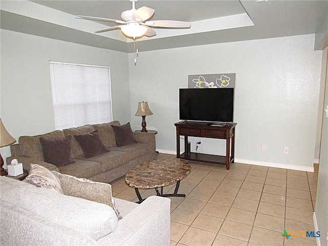 1104 N Blair St, Belton, TX 76513 - living room featuring a ceiling fan, light tile patterned floors, and a tray ceiling