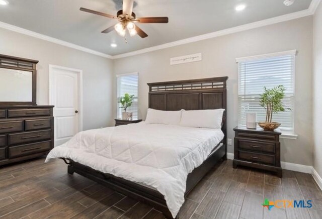 1606 Fiddle Wood Way, Temple, TX 76502 - bedroom with dark wood-style floors, recessed lighting, crown molding, and ceiling fan