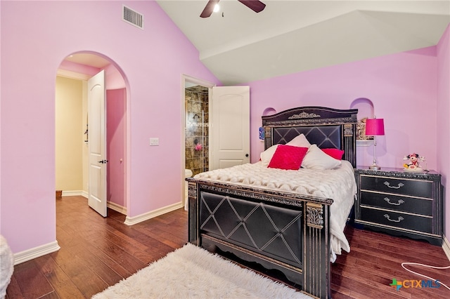 bedroom with high vaulted ceiling, ceiling fan, and dark hardwood / wood-style floors