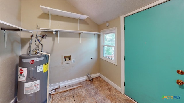 laundry room with electric dryer hookup, a textured ceiling, hookup for a washing machine, and water heater