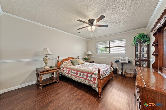 bedroom featuring visible vents, ornamental molding, a textured ceiling, and wood finished floors