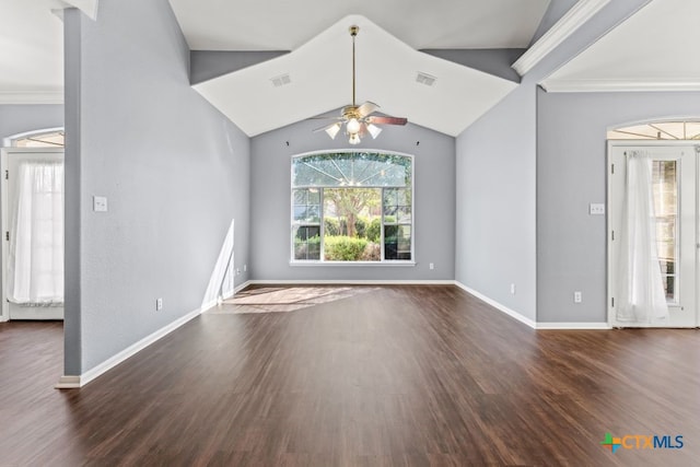 unfurnished living room featuring ceiling fan, dark hardwood / wood-style floors, crown molding, and lofted ceiling