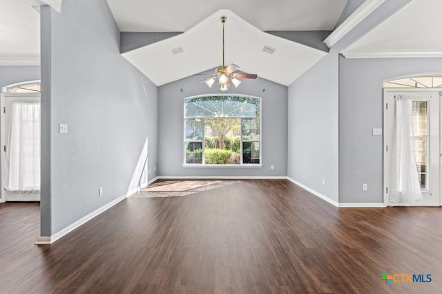 16047 Charlya Dr, Temple, TX 76502 - unfurnished living room featuring ceiling fan, wood finished floors, baseboards, vaulted ceiling, and ornamental molding
