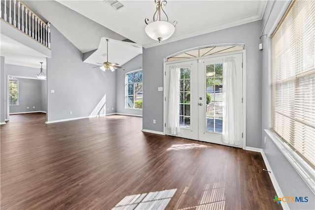 16047 Charlya Dr, Temple, TX 76502 - unfurnished dining area featuring plenty of natural light, a ceiling fan, baseboards, crown molding, and lofted ceiling