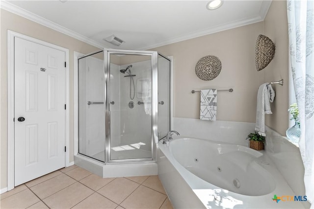 16047 Charlya Dr, Temple, TX 76502 - full bathroom with a stall shower, a jetted tub, tile patterned flooring, and ornamental molding