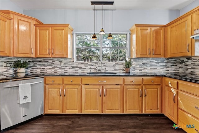 16047 Charlya Dr, Temple, TX 76502 - kitchen featuring stainless steel dishwasher, a sink, decorative backsplash, hanging light fixtures, and dark wood finished floors