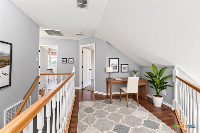 16047 Charlya Dr, Temple, TX 76502 - office featuring wood finished floors, lofted ceiling, and baseboards