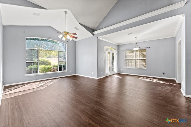 16047 Charlya Dr, Temple, TX 76502 - unfurnished living room with plenty of natural light, vaulted ceiling, ceiling fan, dark wood-style floors, and baseboards