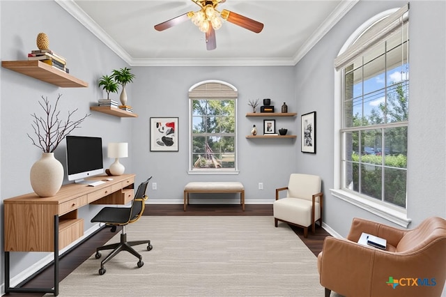 16047 Charlya Dr, Temple, TX 76502 - home office featuring wood finished floors, baseboards, ornamental molding, and ceiling fan
