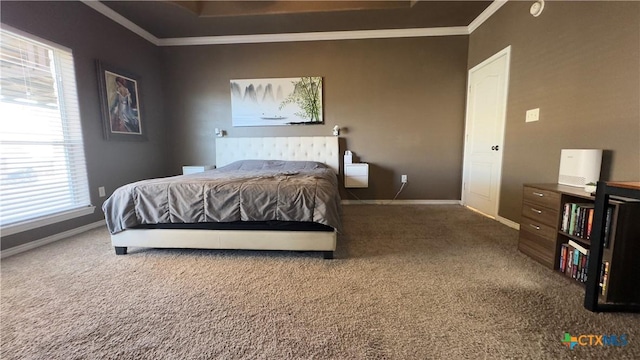 carpeted bedroom with crown molding