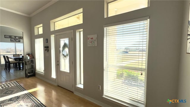 entrance foyer with hardwood / wood-style floors and crown molding