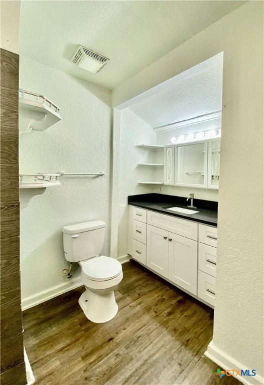 bathroom with vanity, wood-type flooring, and toilet