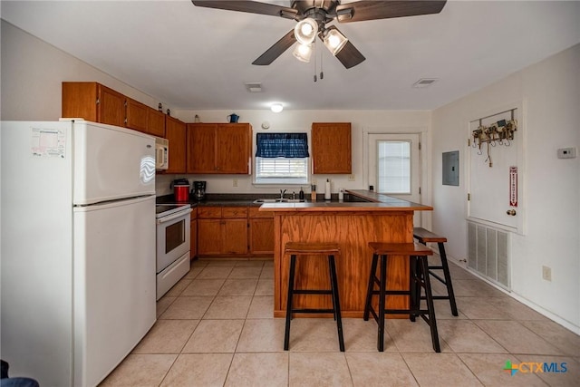 kitchen featuring sink, a kitchen breakfast bar, light tile patterned floors, electric panel, and white appliances