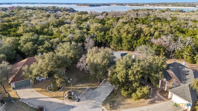 drone / aerial view with a water view and a wooded view