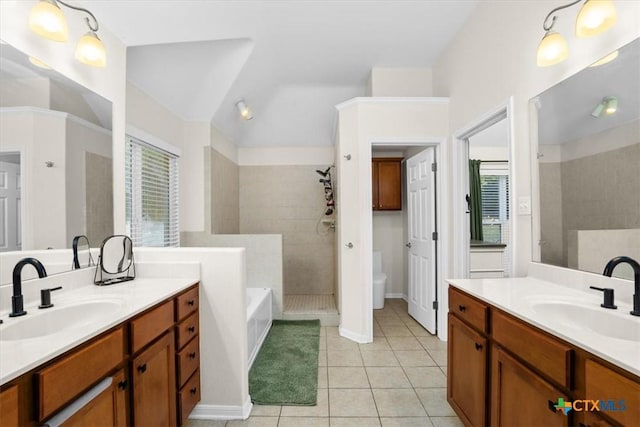2808 Autumn Cv, Belton, TX 76513 - full bath featuring a walk in shower, two vanities, tile patterned flooring, a bath, and vaulted ceiling