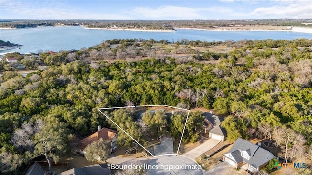 bird's eye view featuring a water view and a wooded view