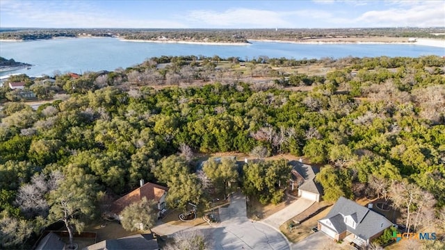 bird's eye view with a water view and a wooded view