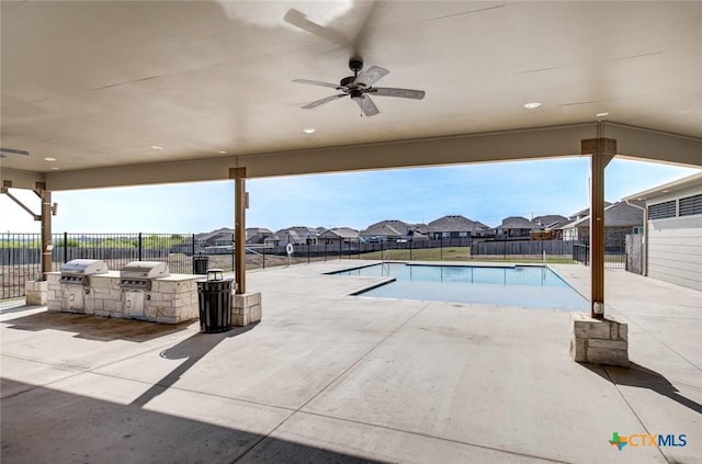 2844 Klein Way, New Braunfels, TX 78130 - view of pool with ceiling fan, a fenced backyard, a patio, and a residential view