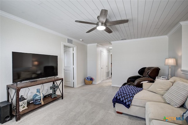 2844 Klein Way, New Braunfels, TX 78130 - carpeted living area with ornamental molding, ceiling fan, wooden ceiling, and baseboards