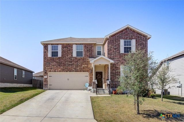 2844 Klein Way, New Braunfels, TX 78130 - view of front of property featuring brick siding, a front yard, concrete driveway, and a garage