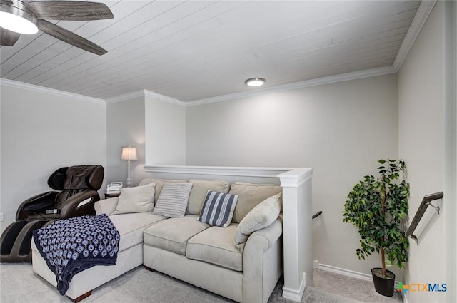 2844 Klein Way, New Braunfels, TX 78130 - living area featuring carpet floors, crown molding, baseboards, a ceiling fan, and wood ceiling