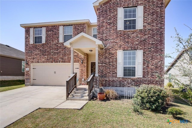 2844 Klein Way, New Braunfels, TX 78130 - traditional-style house with brick siding, concrete driveway, a garage, and a front lawn