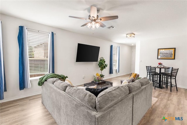 14902 Ardilla, San Antonio, TX 78217 - living area with light wood-style flooring, a ceiling fan, and baseboards