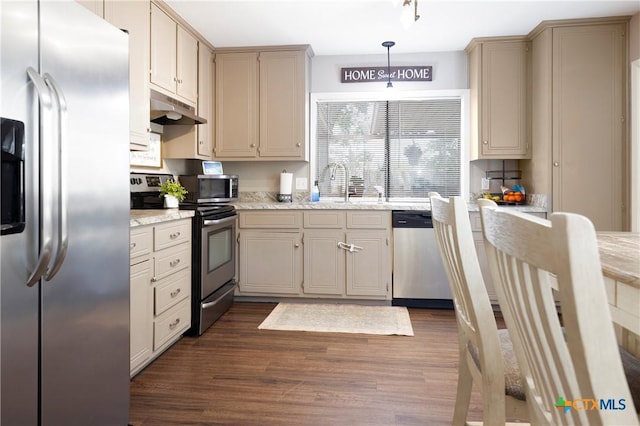 418 Taos Dr, Victoria, TX 77904 - kitchen with appliances with stainless steel finishes, under cabinet range hood, a sink, dark wood-style flooring, and pendant lighting