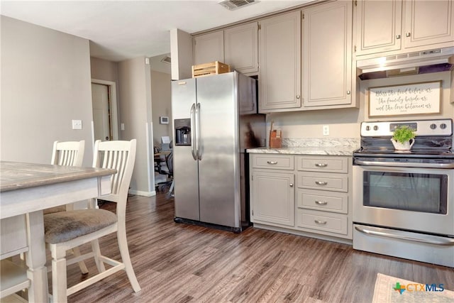 418 Taos Dr, Victoria, TX 77904 - kitchen with appliances with stainless steel finishes, under cabinet range hood, wood finished floors, gray cabinetry, and light stone counters