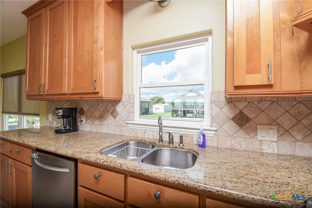 1588 W Bayshore Dr, Palacios, TX 77465 - kitchen featuring stainless steel dishwasher, a sink, light stone counters, and tasteful backsplash