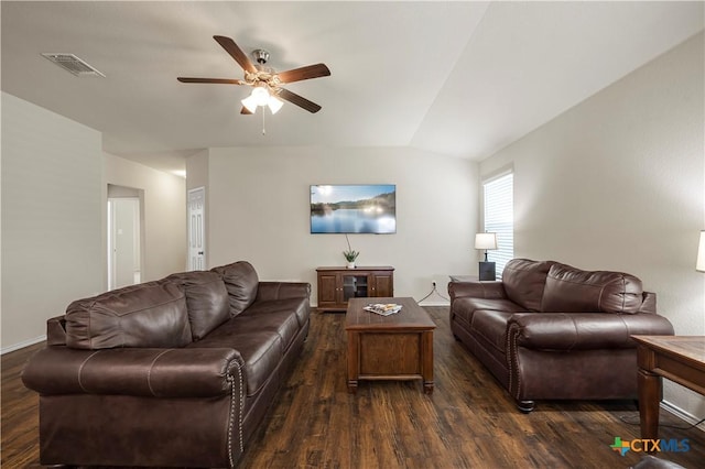 1313 Juneberry Park Dr, Temple, TX 76502 - living room with dark wood-style floors, a ceiling fan, and lofted ceiling