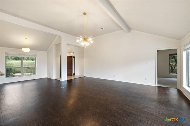 215 Maverick Cir, Horseshoe Bay, TX 78657 - unfurnished living room with dark wood-style flooring and a chandelier