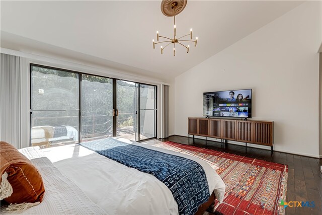 bedroom featuring access to exterior, an inviting chandelier, wood finished floors, high vaulted ceiling, and baseboards