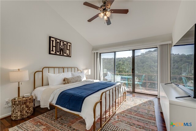 bedroom featuring dark wood finished floors, a ceiling fan, high vaulted ceiling, access to outside, and baseboards