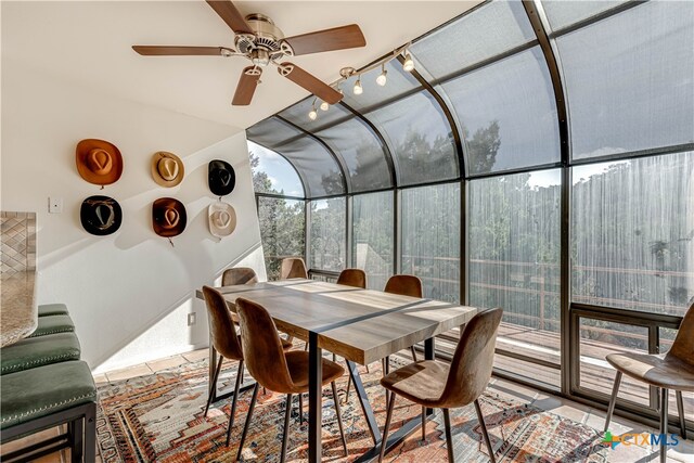 sunroom featuring rail lighting