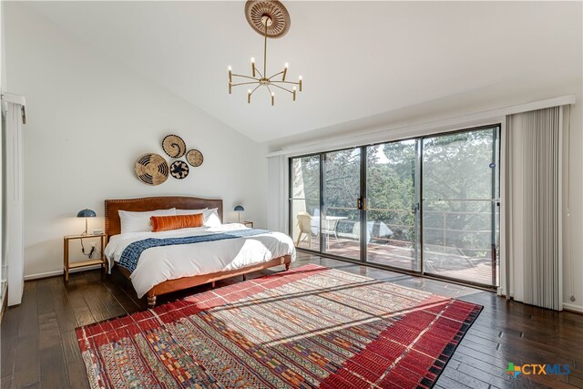 bedroom featuring a chandelier, high vaulted ceiling, dark wood finished floors, and access to exterior