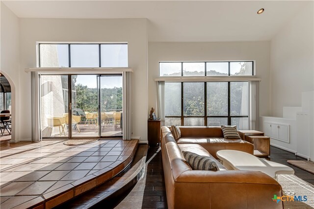 living area featuring arched walkways, dark wood-type flooring, a towering ceiling, and baseboards