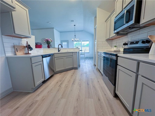 1806 Gigante Dr, Killeen, TX 76543 - kitchen featuring stainless steel appliances, gray cabinetry, a peninsula, light wood-type flooring, and a chandelier